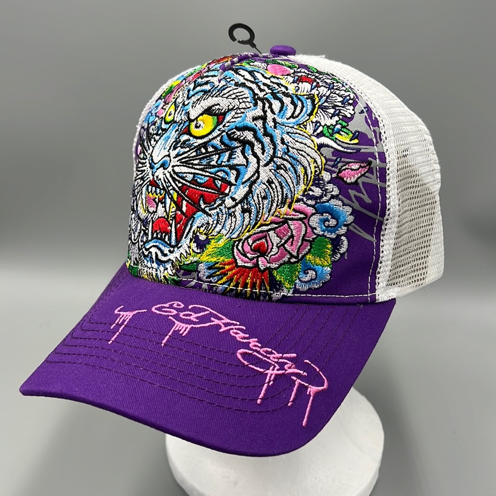 Ed Hardy Trucker Hat. Purple Tiger/Flower Snapback.